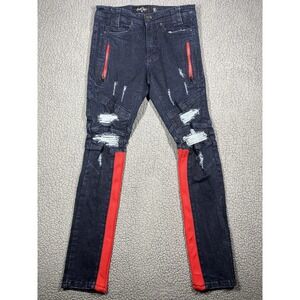 Sean John Jeans Mens 30x32 Blue Red Stripe Distressed Moto Biker Zipper Pockets